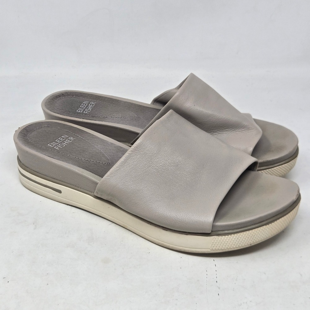 Eileen Fisher Womens Grey Leather Platform Slide Sandals Size 7.5